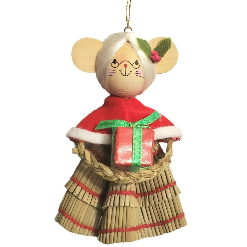 Avon Straw Mouse Ornament Mrs Santa Claus Grandma Old Lady Christmas Gift VTG